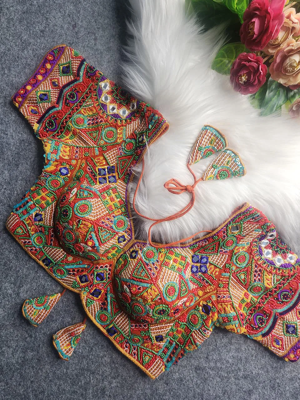 Rust Heavy Threadwork Embroidery Navratri Blouse With Real Mirror Work — view 1