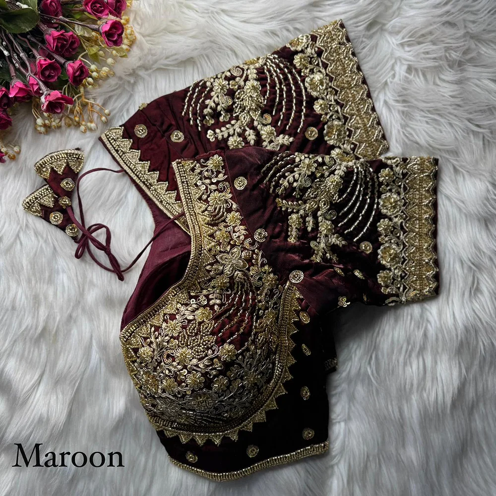 Maroon Heavy Fandy Silk Beads, Sequin & Cording Work Designer Blouse — view 1