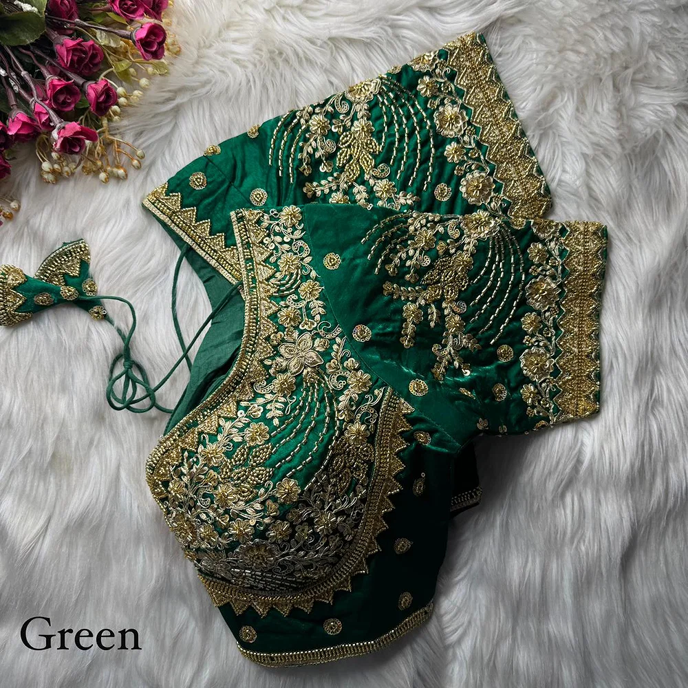 Green Heavy Fandy Silk Beads, Sequin & Cording Work Designer Blouse — view 1