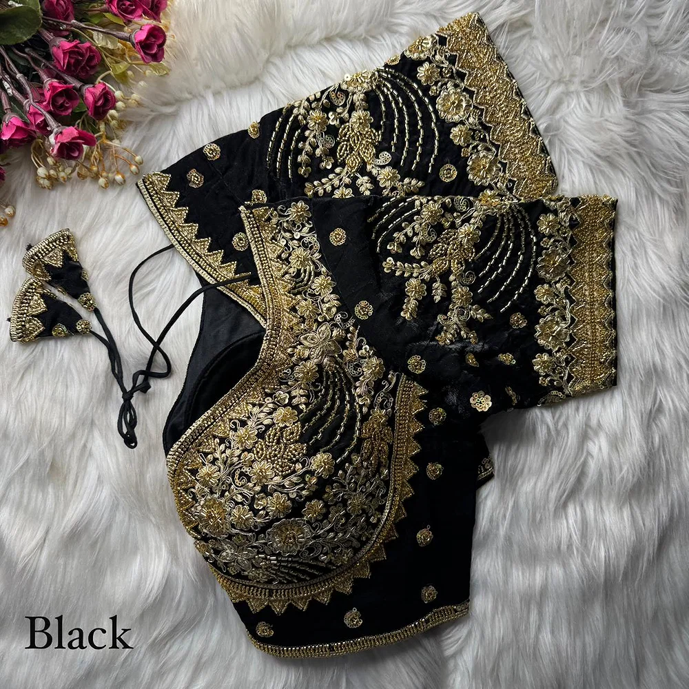 Black Heavy Fandy Silk Beads, Sequin & Cording Work Designer Blouse — view 1