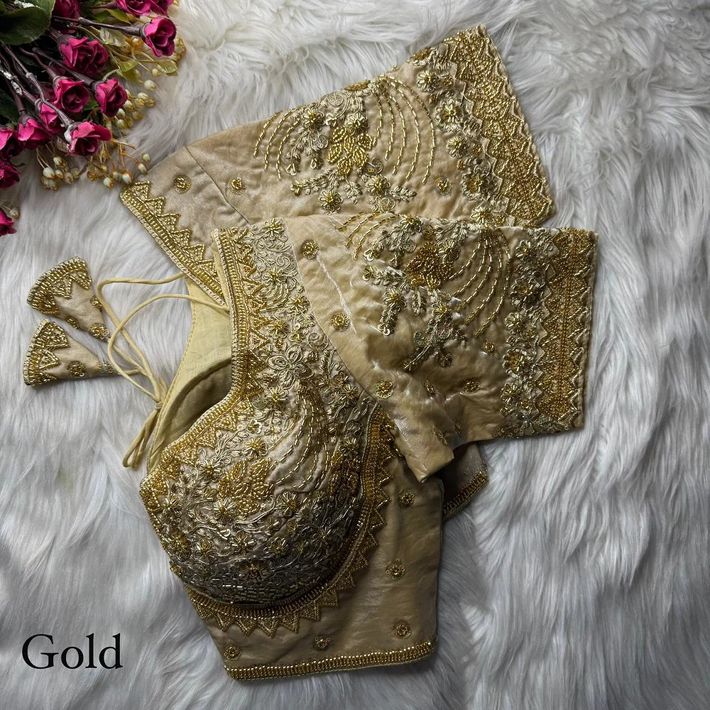 Gold Heavy Fandy Silk Beads, Sequin & Cording Work Designer Blouse — view 1