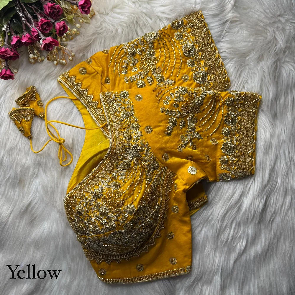 Yellow Heavy Fandy Silk Beads, Sequin & Cording Work Designer Blouse — view 1