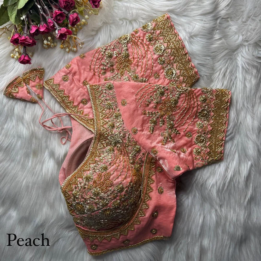 Peach Heavy Fandy Silk Beads, Sequin & Cording Work Designer Blouse — view 1