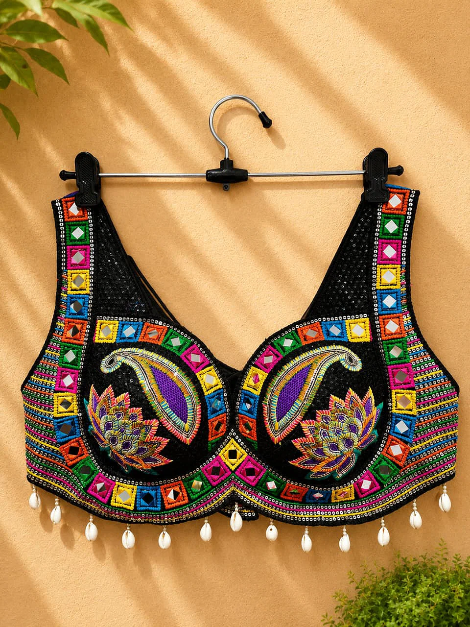 Black Designer Real Mirror, Sequin & Kodi Work Sleeveless Navratri Blouse — view 1