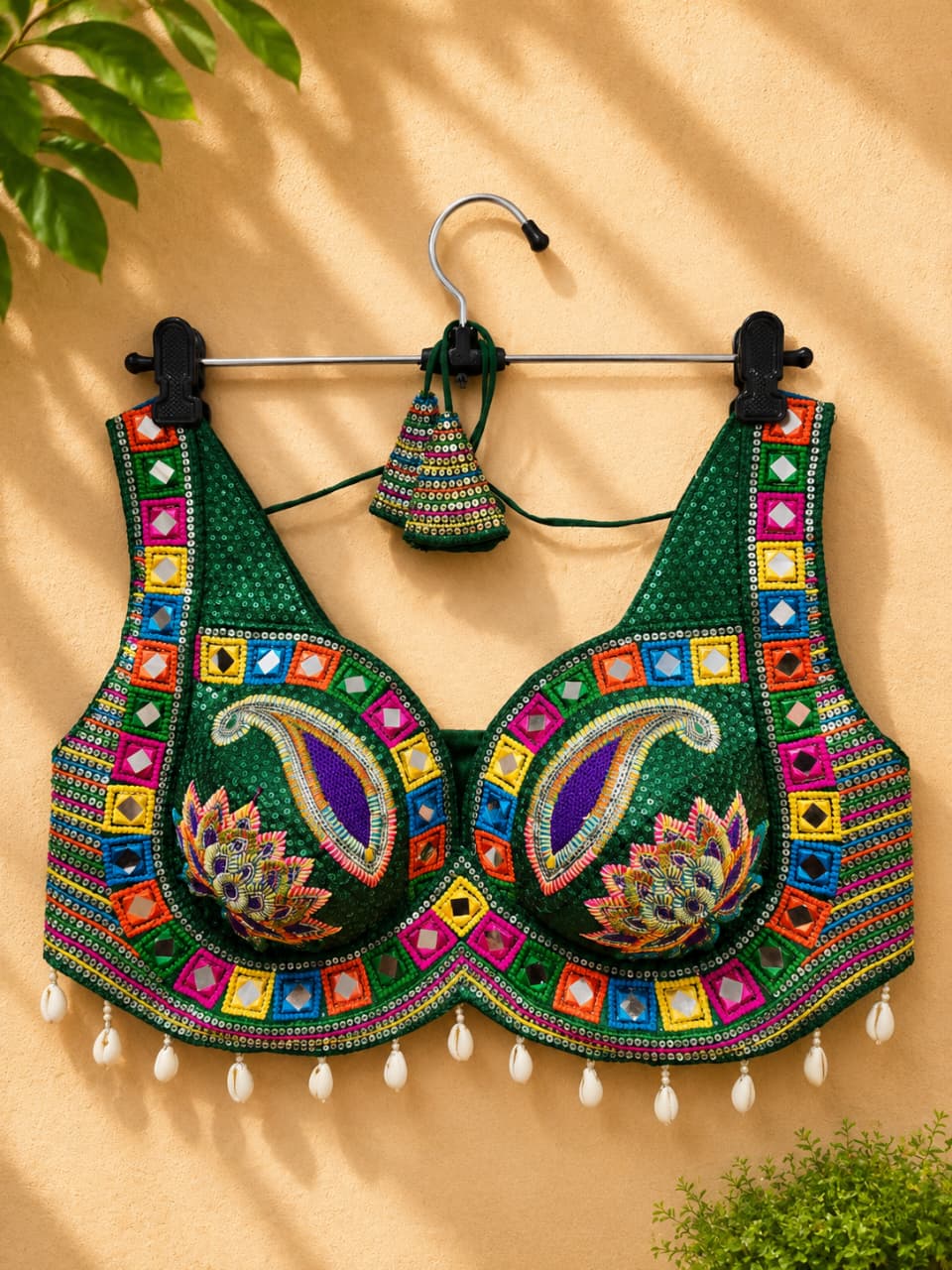 Green Designer Real Mirror, Sequin & Kodi Work Sleeveless Navratri Blouse