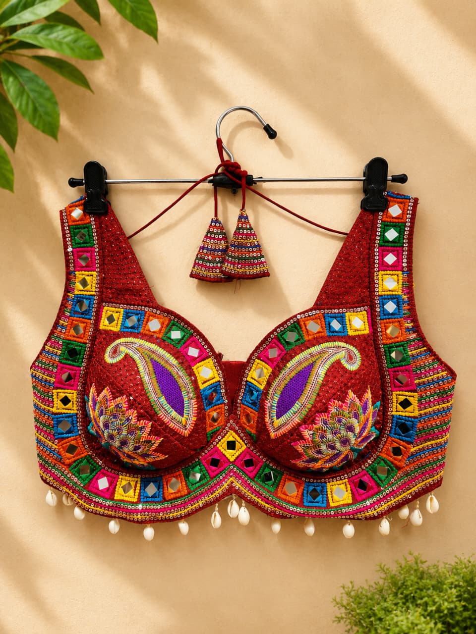 Maroon Designer Real Mirror, Sequin & Kodi Work Sleeveless Navratri Blouse