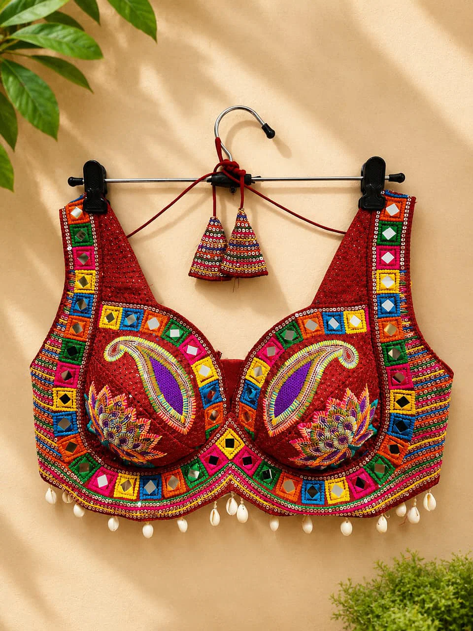 Maroon Designer Real Mirror, Sequin & Kodi Work Sleeveless Navratri Blouse — view 1