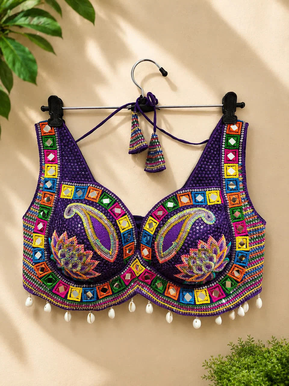 Purple Designer Real Mirror, Sequin & Kodi Work Sleeveless Navratri Blouse — view 1