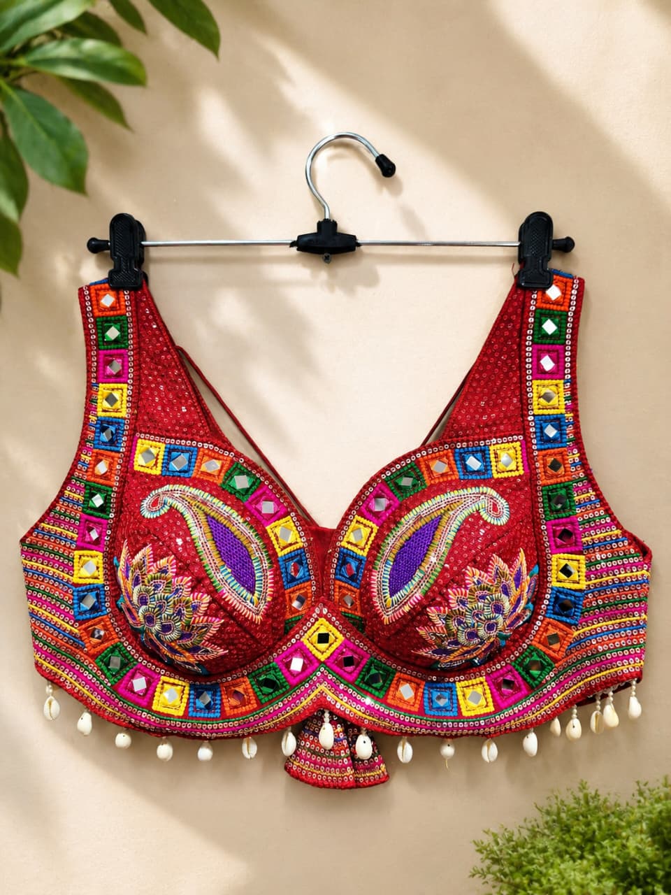 Red Designer Real Mirror, Sequin & Kodi Work Sleeveless Navratri Blouse