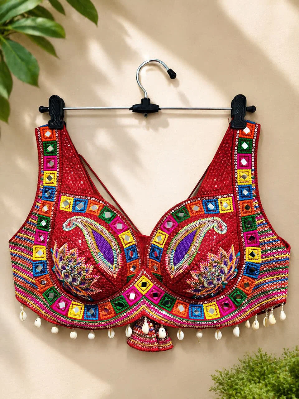 Red Designer Real Mirror, Sequin & Kodi Work Sleeveless Navratri Blouse — view 1