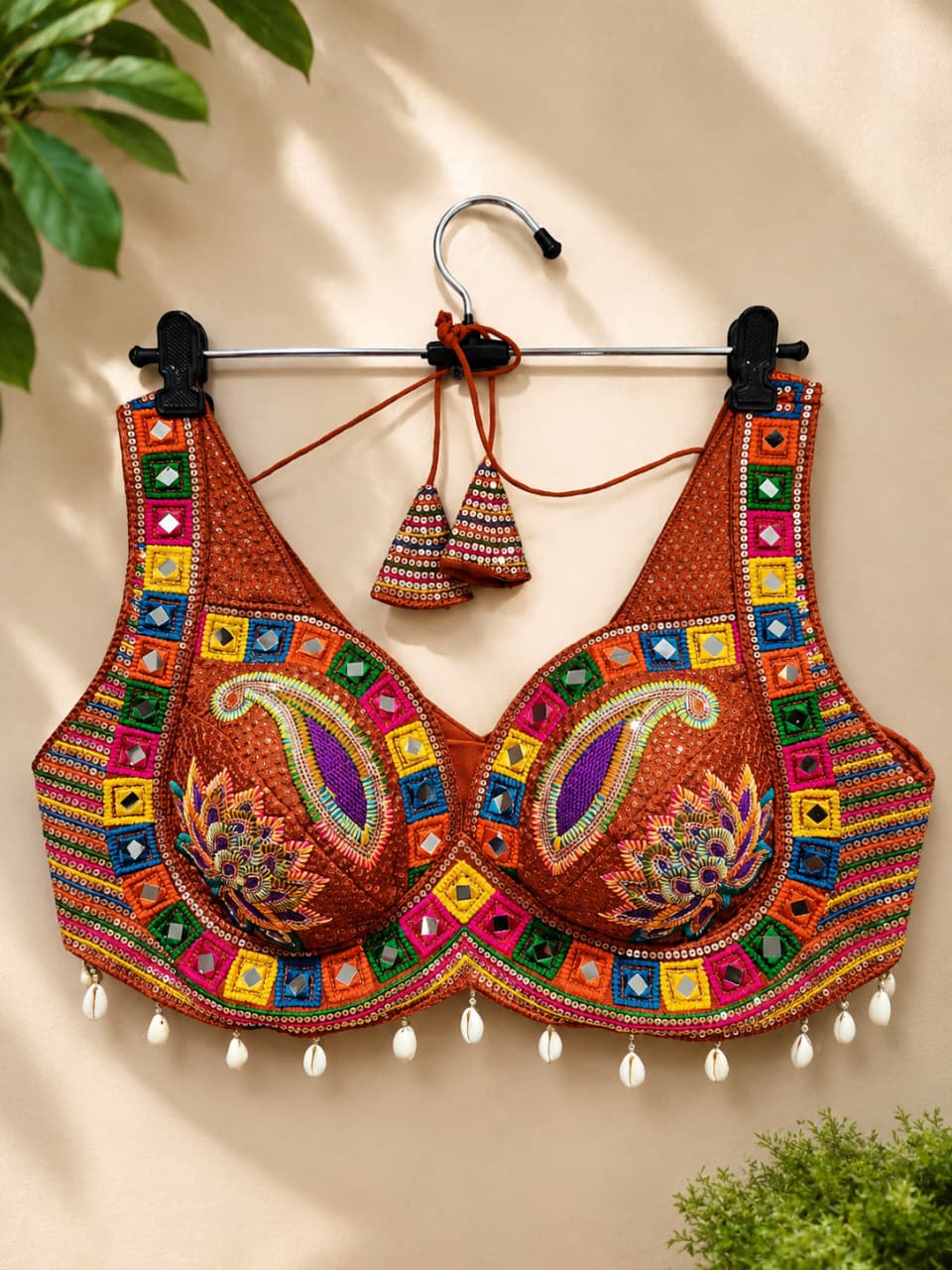 Rust Designer Real Mirror, Sequin & Kodi Work Sleeveless Navratri Blouse