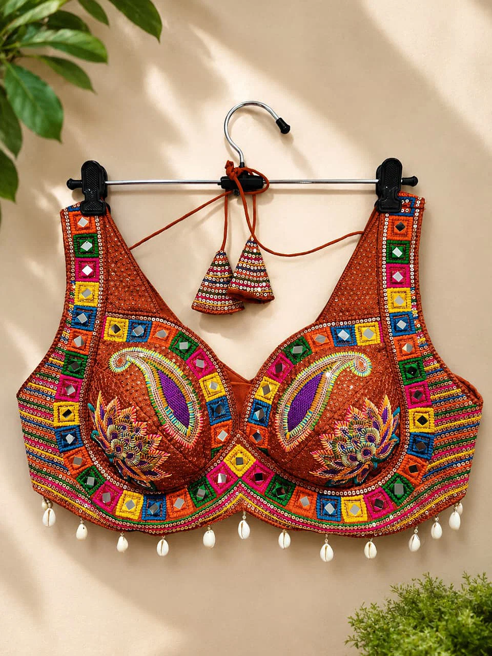 Rust Designer Real Mirror, Sequin & Kodi Work Sleeveless Navratri Blouse — view 1