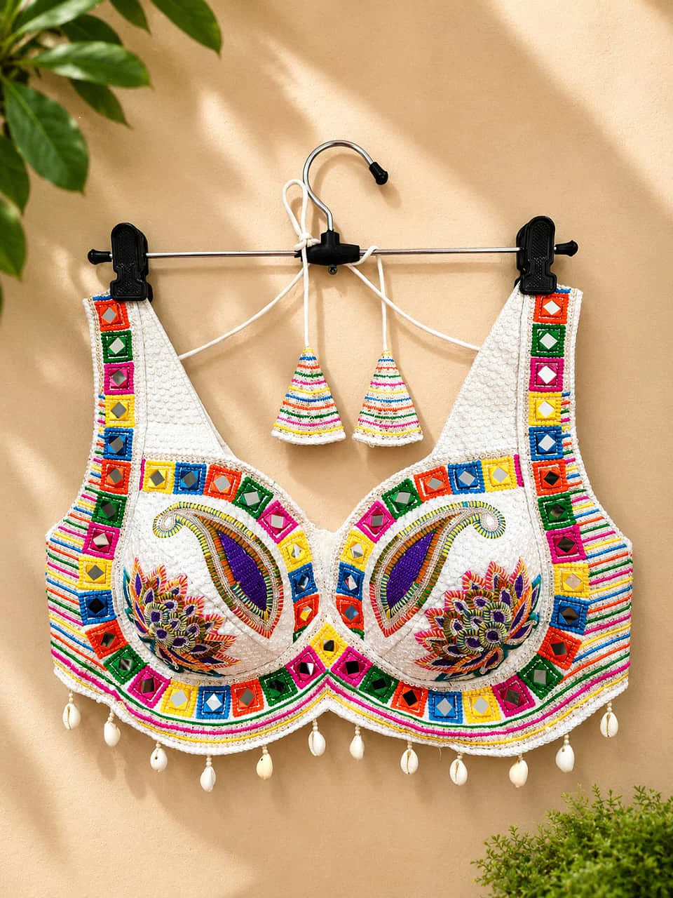 White Designer Real Mirror, Sequin & Kodi Work Sleeveless Navratri Blouse — view 1