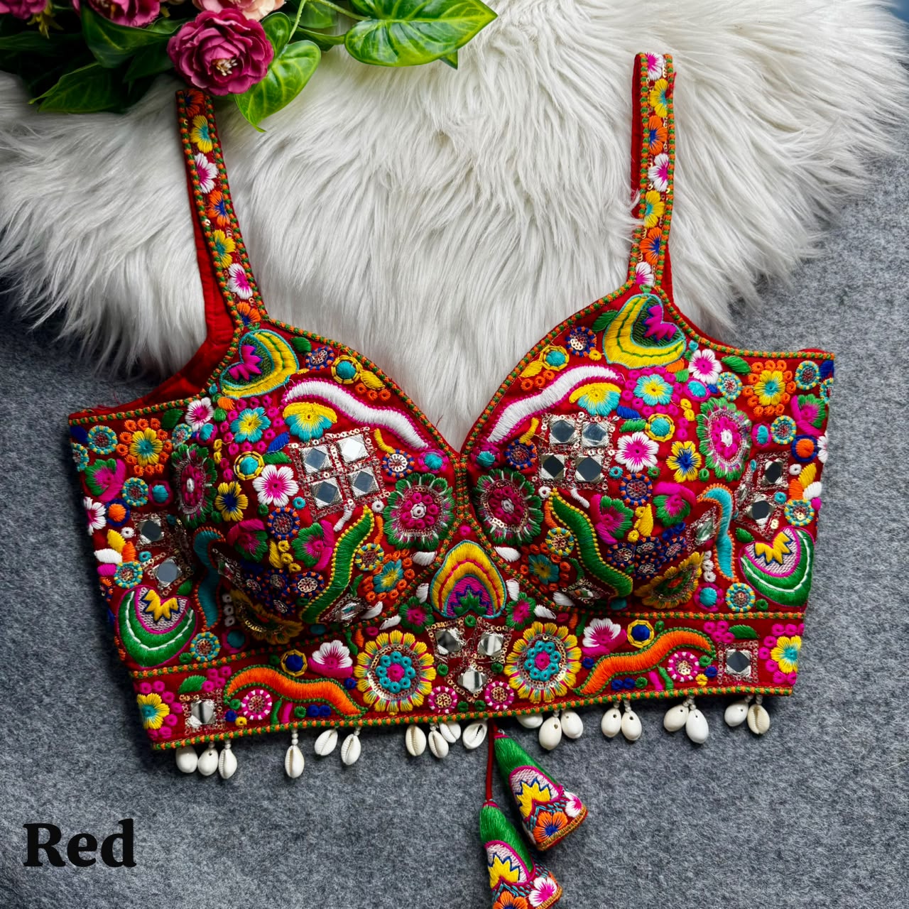 Red Navratri Special Real Mirror Thread & Kaudi Work Spaghetti Blouse