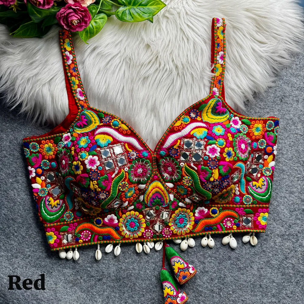 Red Navratri Special Real Mirror Thread & Kaudi Work Spaghetti Blouse — view 1