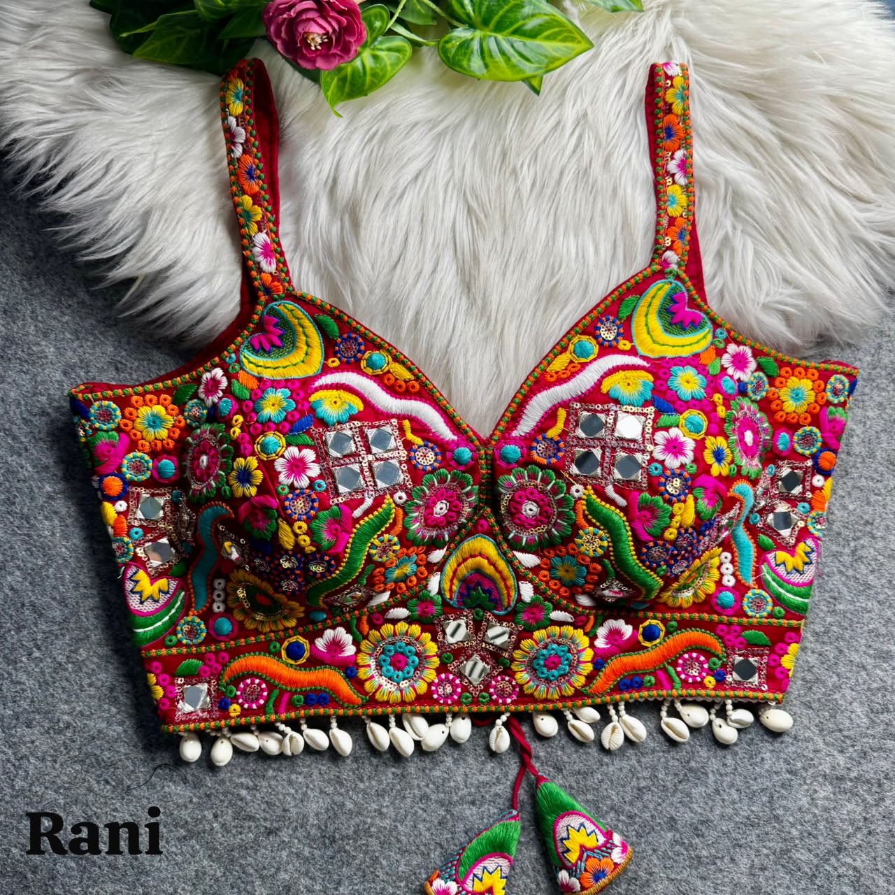 Rani Navratri Special Real Mirror Thread & Kaudi Work Spaghetti Blouse