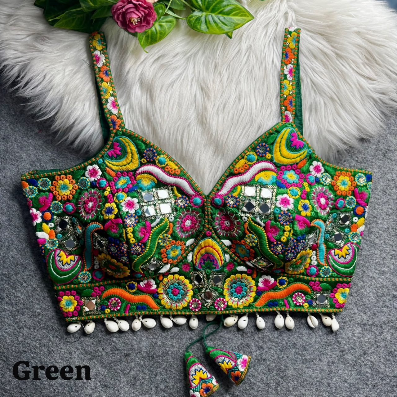 Green Navratri Special Real Mirror Thread & Kaudi Work Spaghetti Blouse