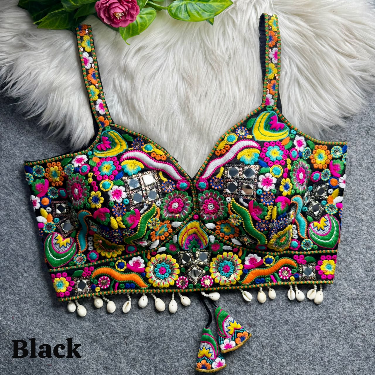 Black Navratri Special Real Mirror Thread & Kaudi Work Spaghetti Blouse