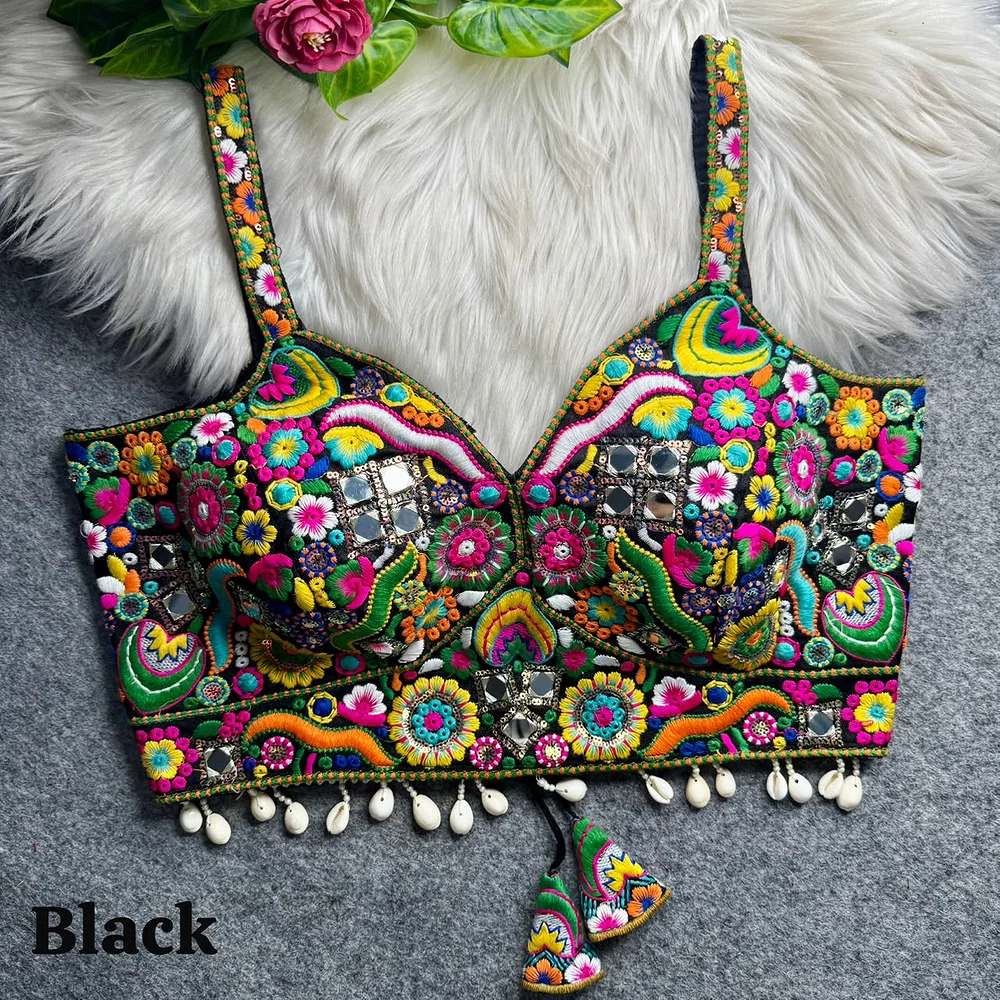 Black Navratri Special Real Mirror Thread & Kaudi Work Spaghetti Blouse — view 1