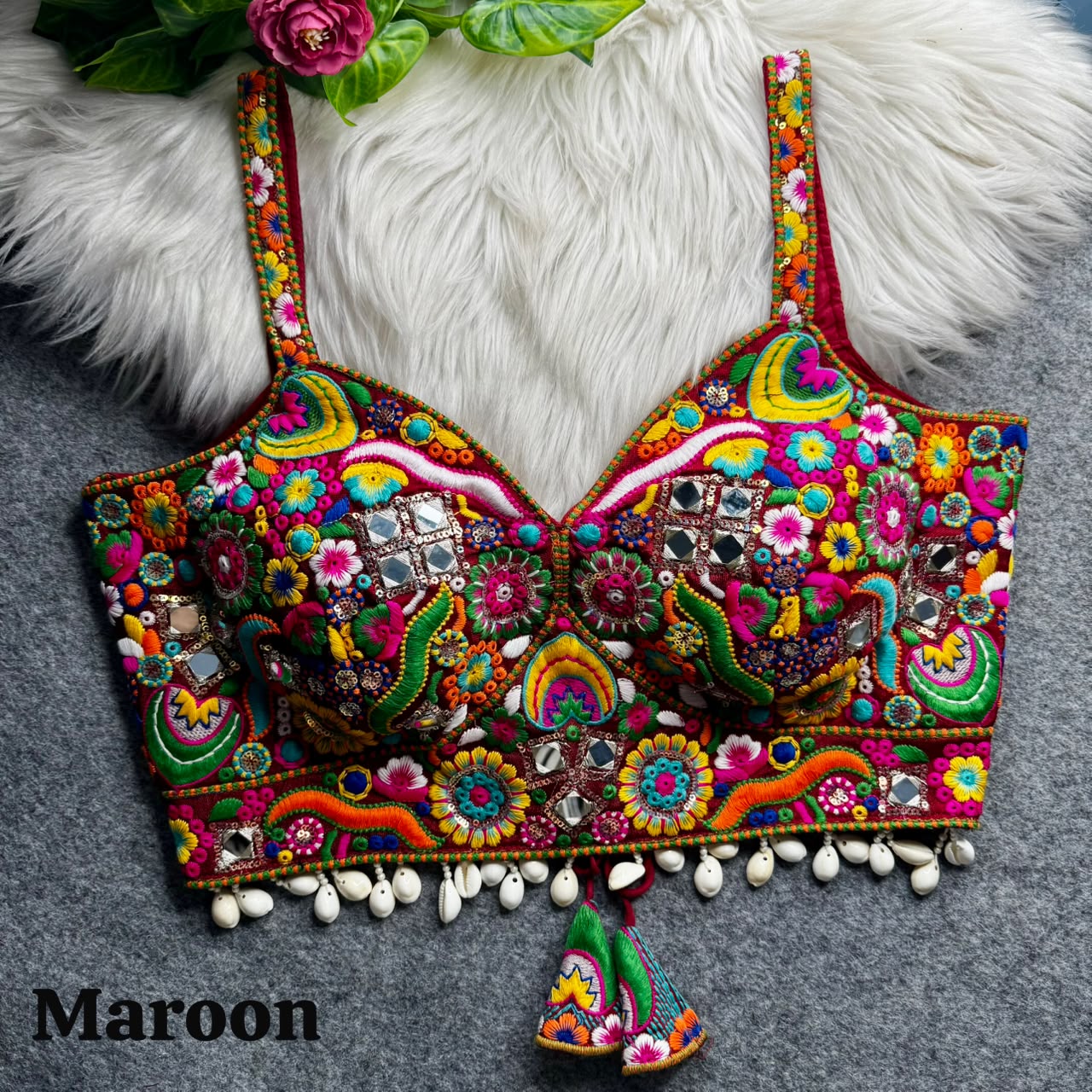 Maroon Navratri Special Real Mirror Thread & Kaudi Work Spaghetti Blouse