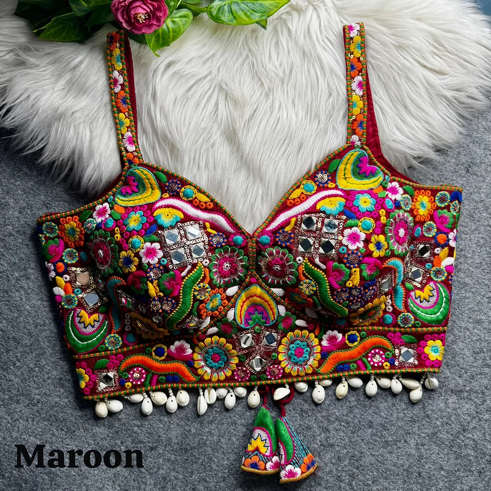 Maroon Navratri Special Real Mirror Thread & Kaudi Work Spaghetti Blouse — view 1