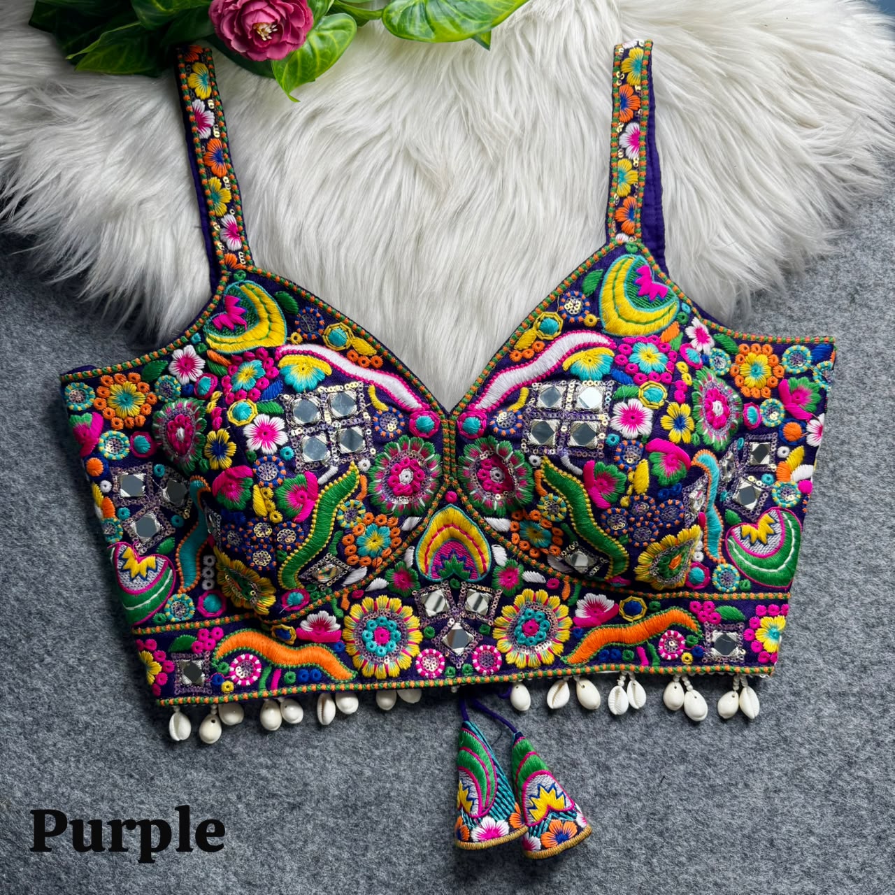 Purple Navratri Special Real Mirror Thread & Kaudi Work Spaghetti Blouse