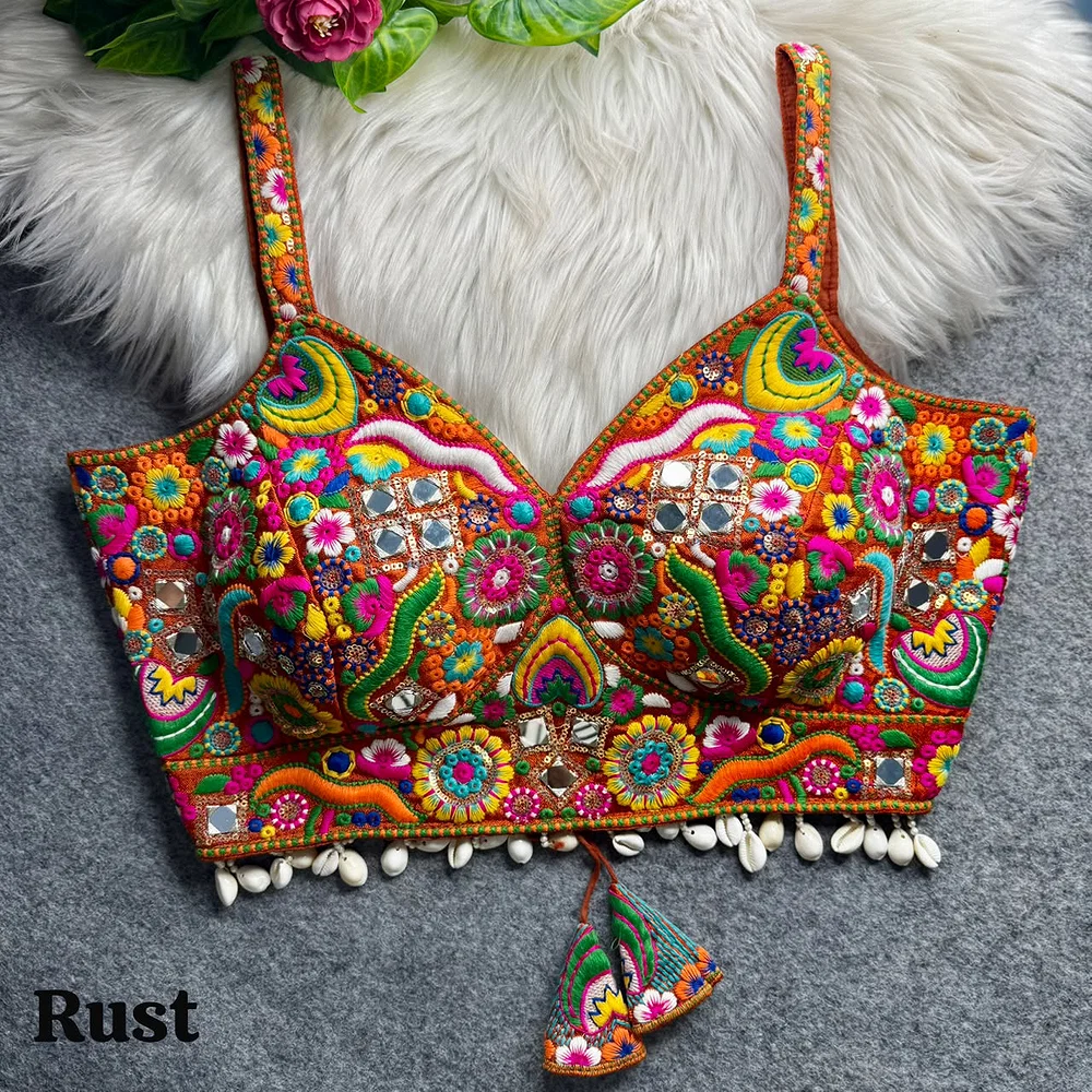 Rust Navratri Special Real Mirror Thread & Kaudi Work Spaghetti Blouse — view 1