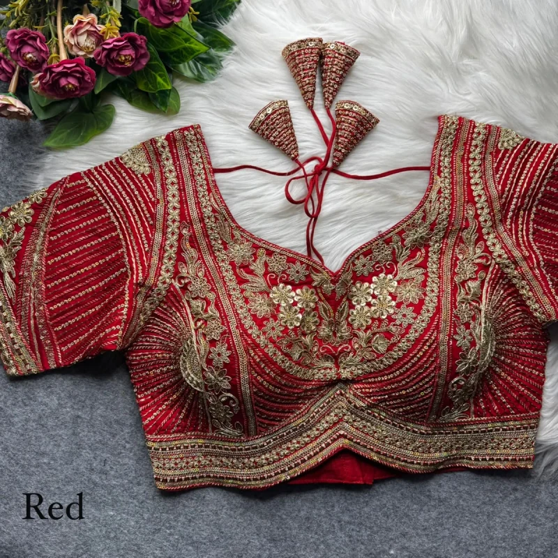 Red Designer Apple Cut Roman Silk Heavy Jari Sequence Work Back Open Blouse