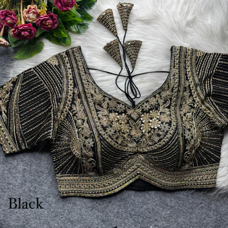 Black Designer Apple Cut Roman Silk Heavy Jari Sequence Work Back Open Blouse