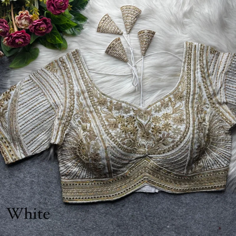 White Designer Apple Cut Roman Silk Heavy Jari Sequence Work Back Open Blouse