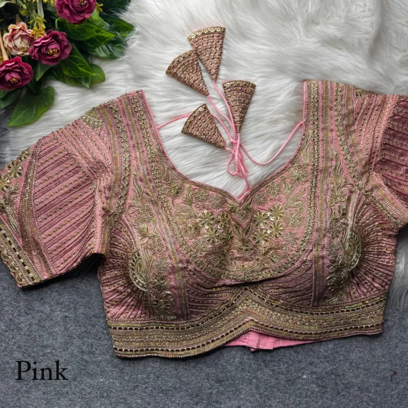 Baby Pink Designer Apple Cut Roman Silk Heavy Jari Sequence Work Back Open Blouse
