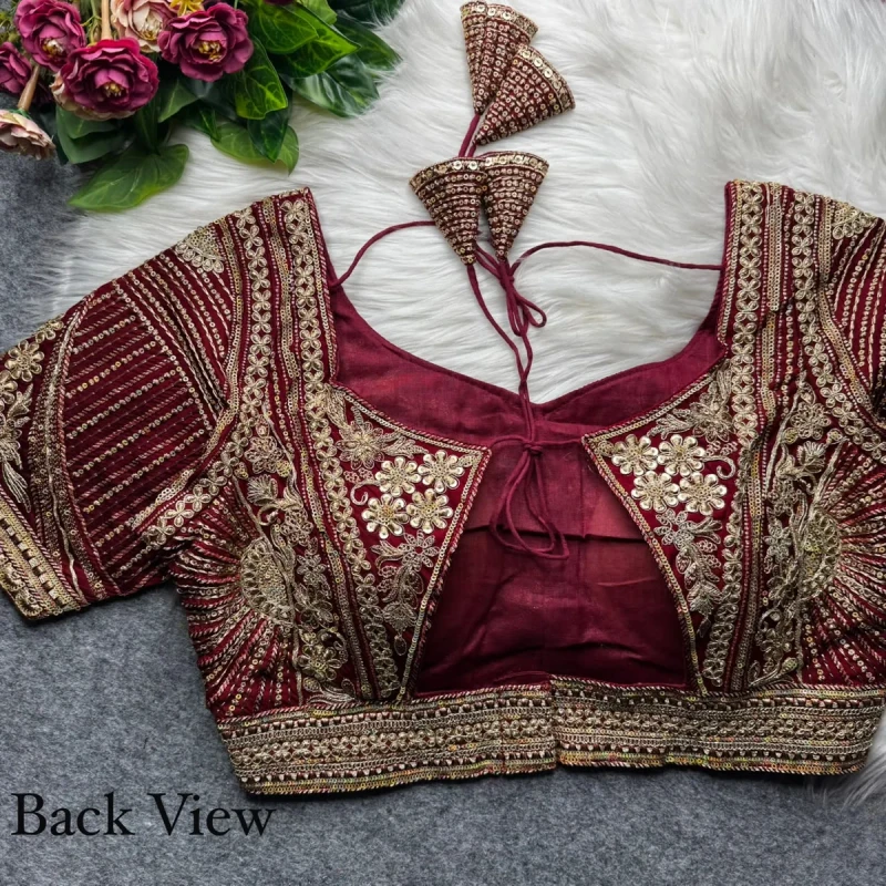 Maroon Designer Apple Cut Roman Silk Heavy Jari Sequence Work Back Open Blouse — view 2