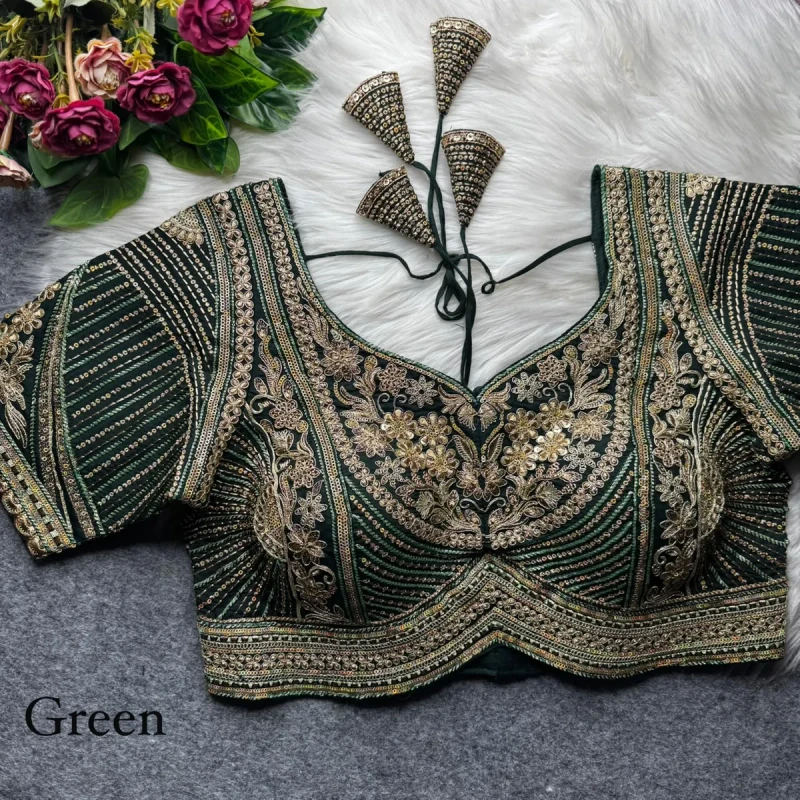 Bottle Green Designer Apple Cut Roman Silk Heavy Jari Sequence Work Back Open Blouse