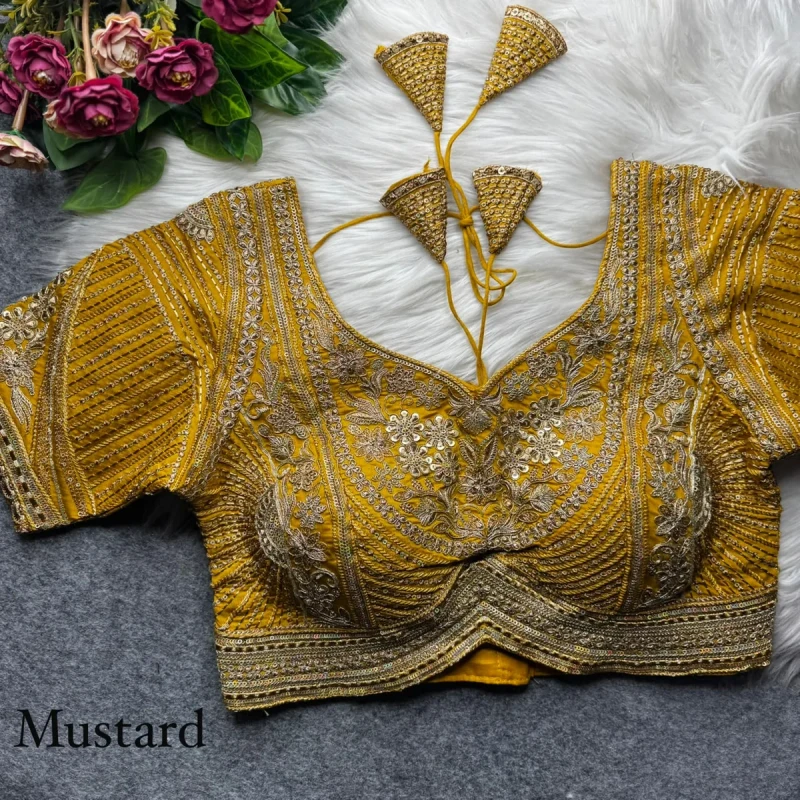 Yellow Designer Apple Cut Roman Silk Heavy Jari Sequence Work Back Open Blouse