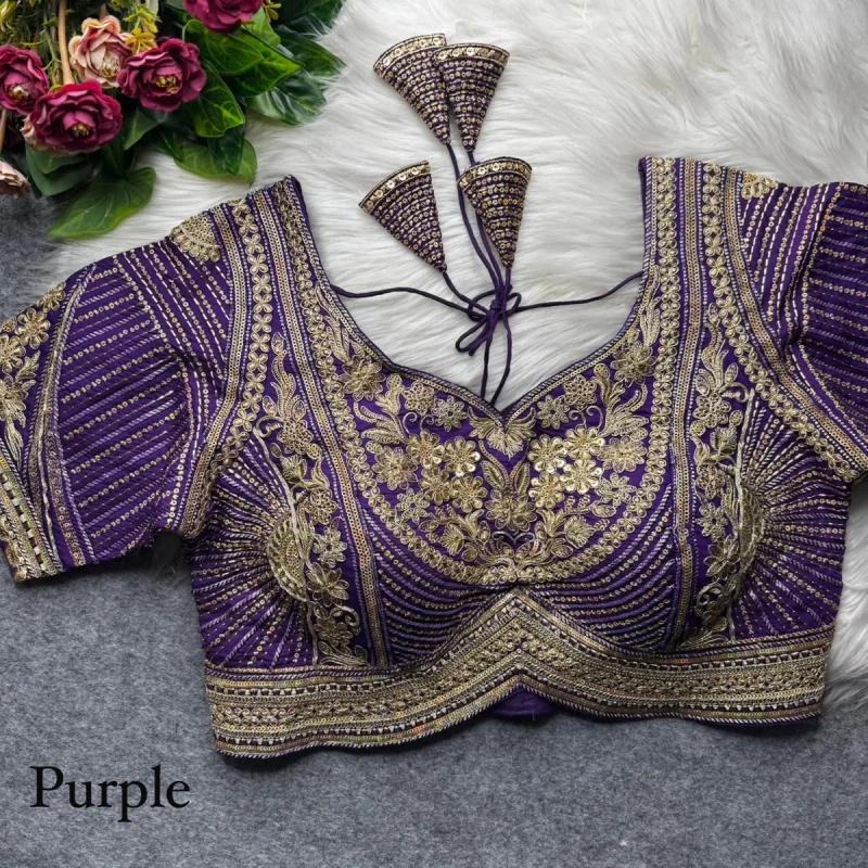 Purple Designer Apple Cut Roman Silk Heavy Jari Sequence Work Back Open Blouse