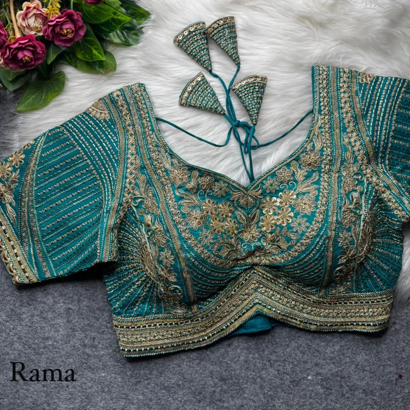 Rama Designer Apple Cut Roman Silk Heavy Jari Sequence Work Back Open Blouse
