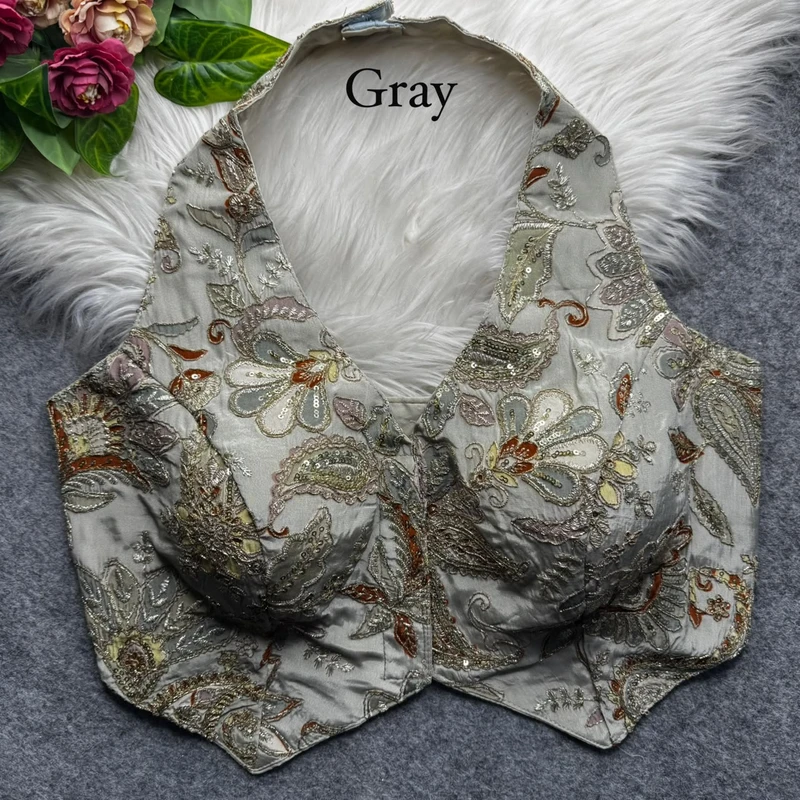 Gray Halter Neck Position Work Blouse in Heavy Soft Viscose Crape Silk