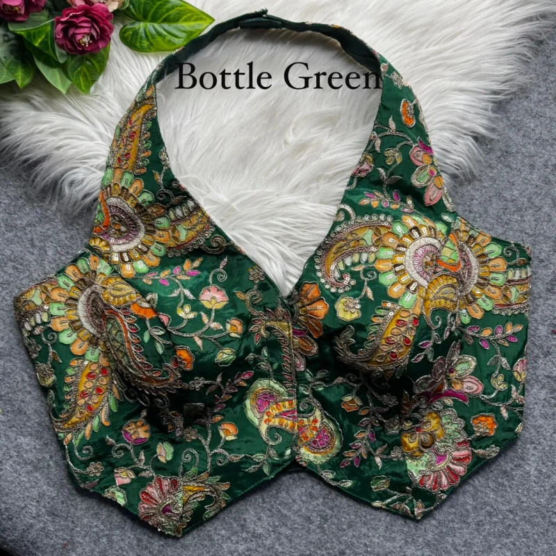 Bottle Green Halter Neck Position Work Blouse in Heavy Soft Viscose Crape Silk