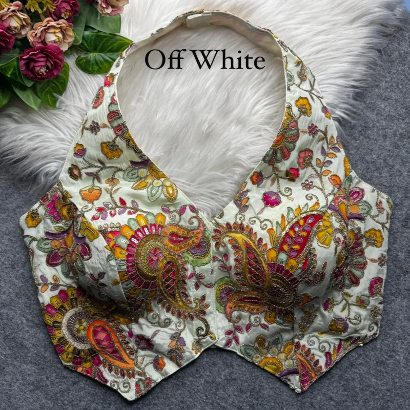 Off White Halter Neck Position Work Blouse in Heavy Soft Viscose Crape Silk