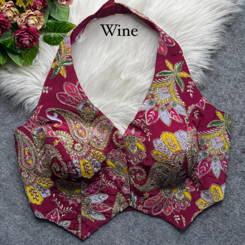 Wine Halter Neck Position Work Blouse in Heavy Soft Viscose Crape Silk