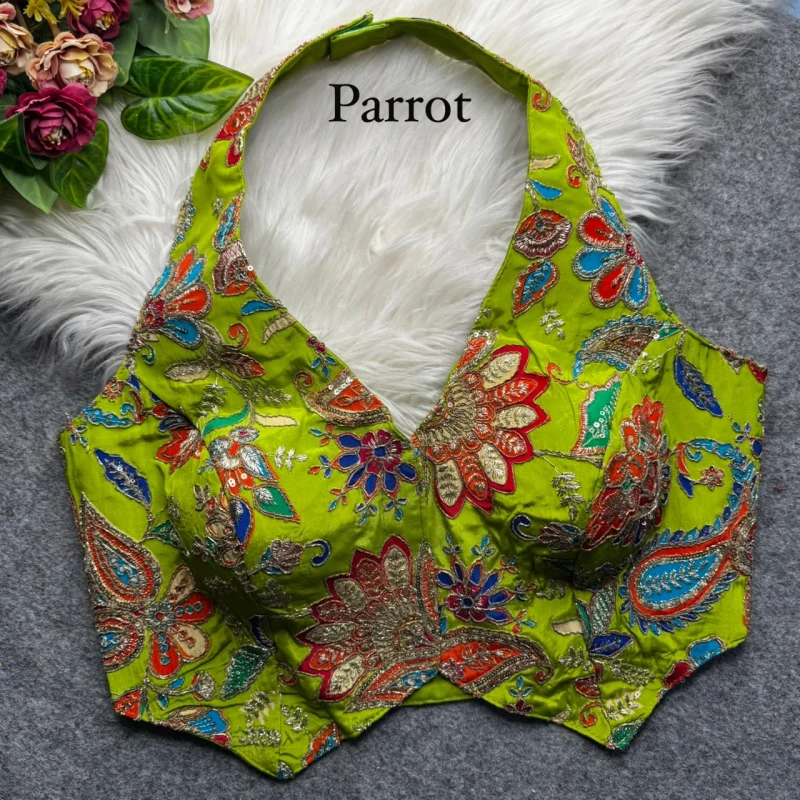 Neon Green Halter Neck Position Work Blouse in Heavy Soft Viscose Crape Silk