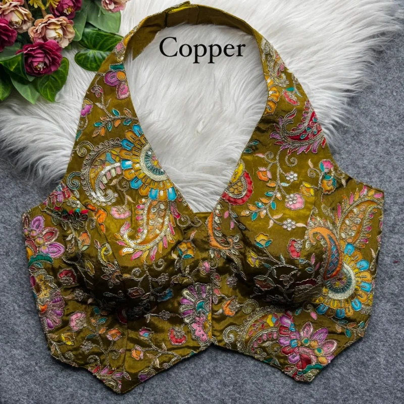 Copper Halter Neck Position Work Blouse in Heavy Soft Viscose Crape Silk