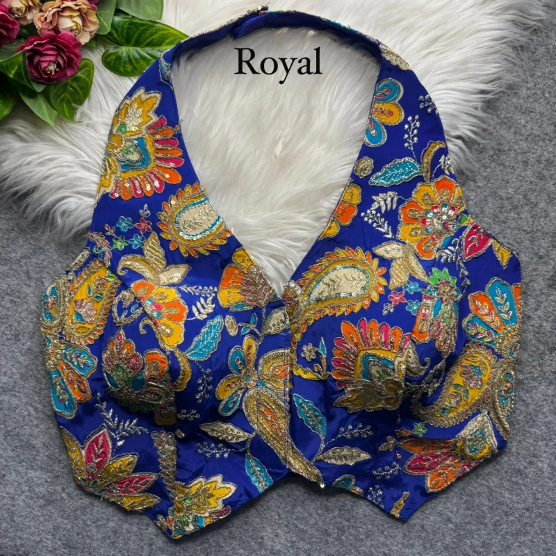 Royal Blue Halter Neck Position Work Blouse in Heavy Soft Viscose Crape Silk