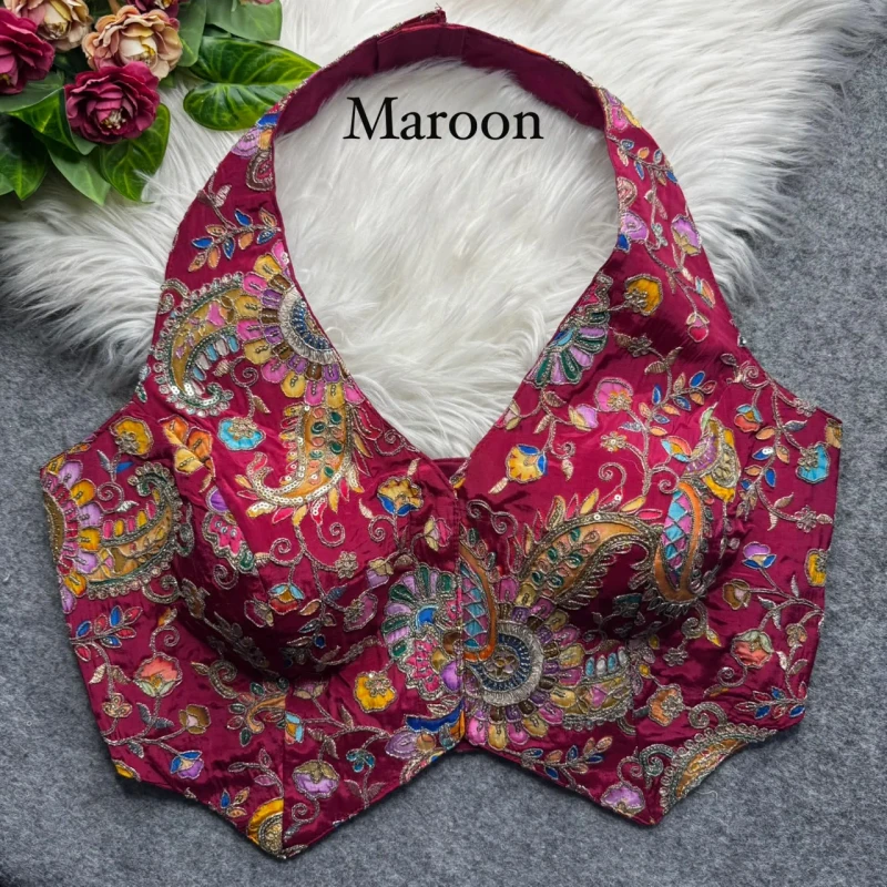 Magenta Halter Neck Position Work Blouse in Heavy Soft Viscose Crape Silk