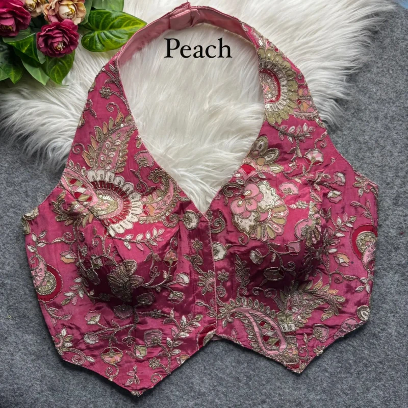 Peach Halter Neck Position Work Blouse in Heavy Soft Viscose Crape Silk