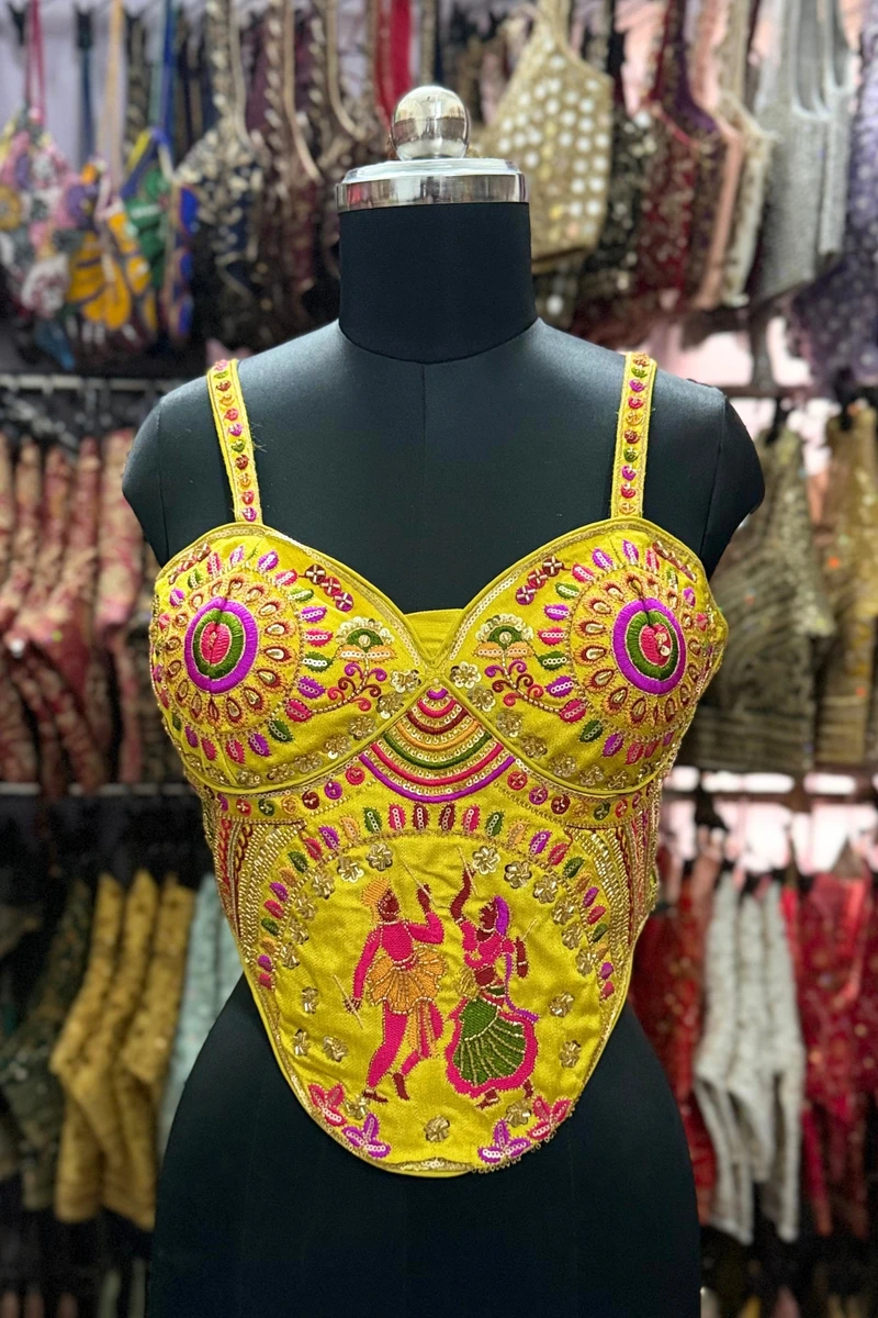 Lime Yellow Navratri Corset Garba Beads & Thread Work Blouse