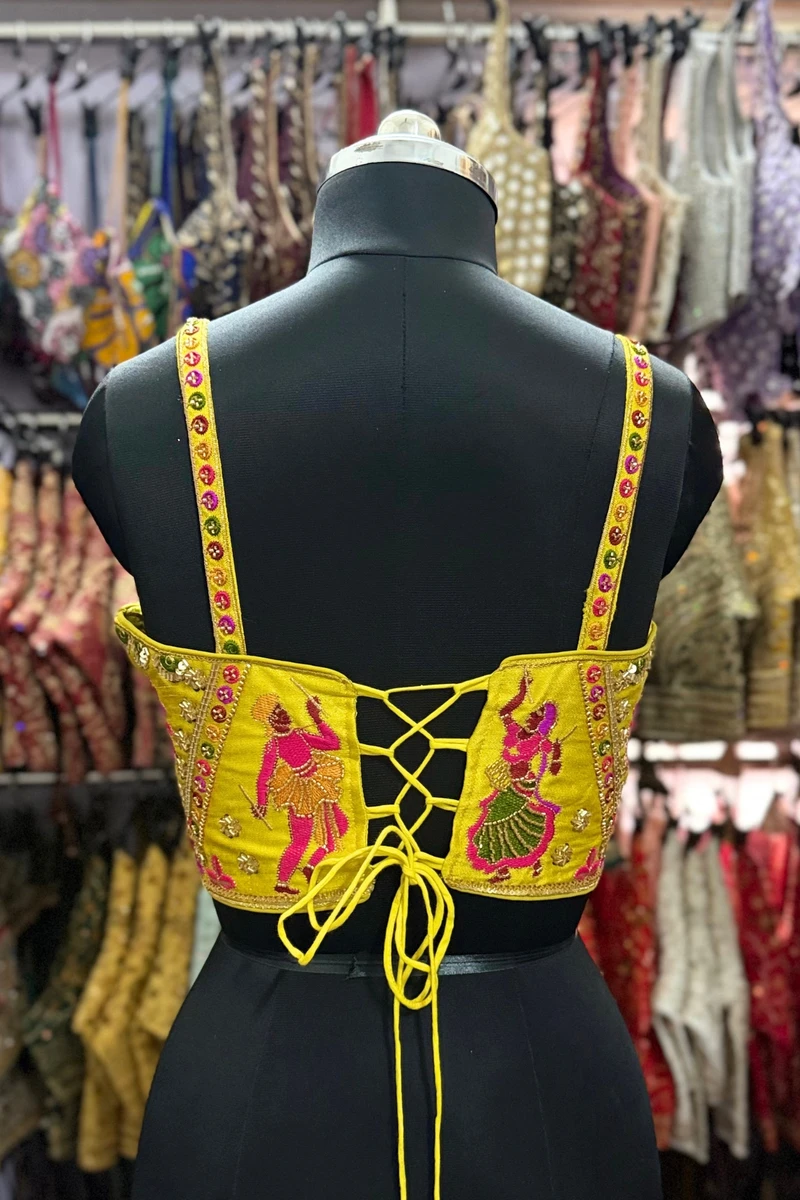 Lime Yellow Navratri Corset Garba Beads & Thread Work Blouse — view 2