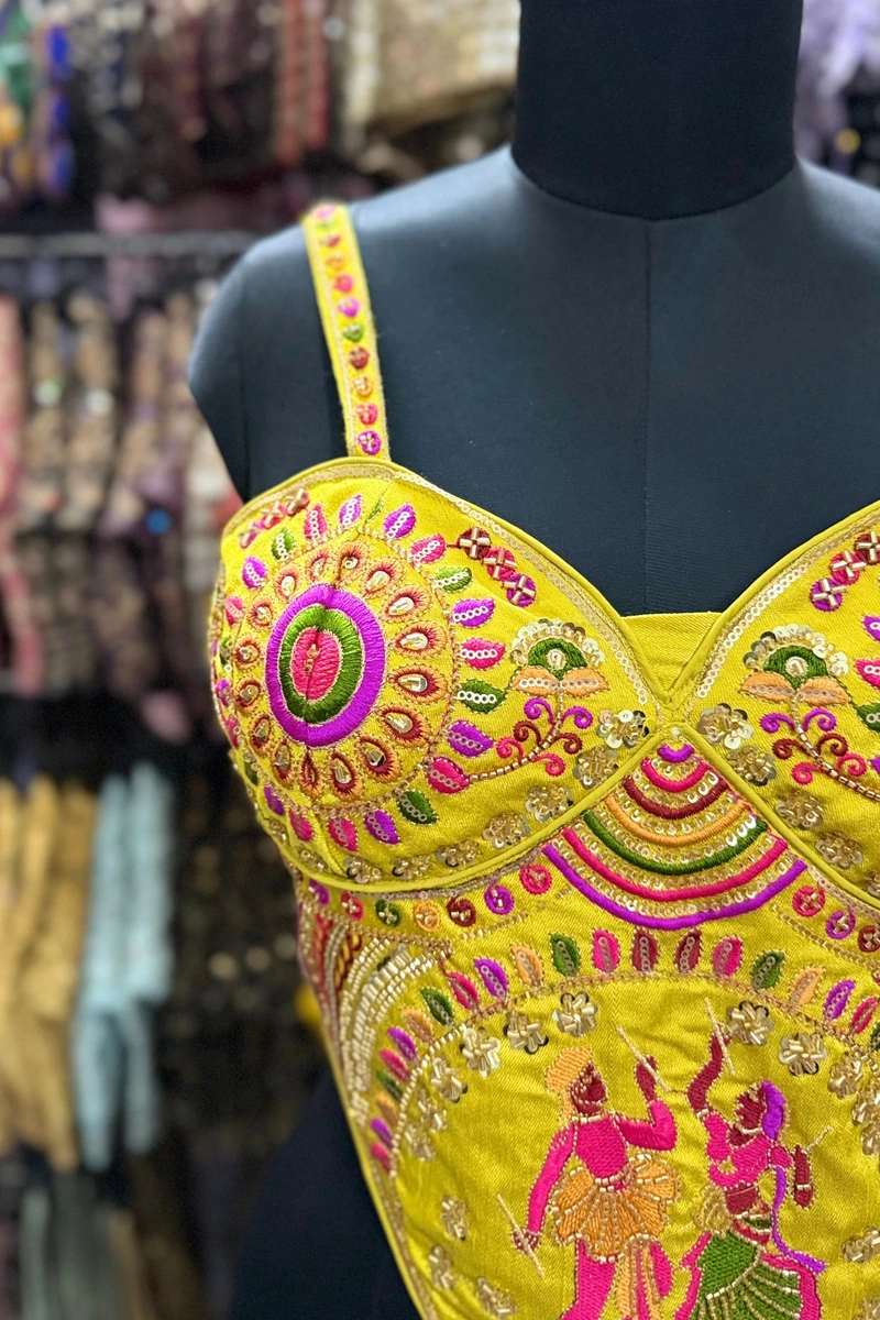 Lime Yellow Navratri Corset Garba Beads & Thread Work Blouse — view 3