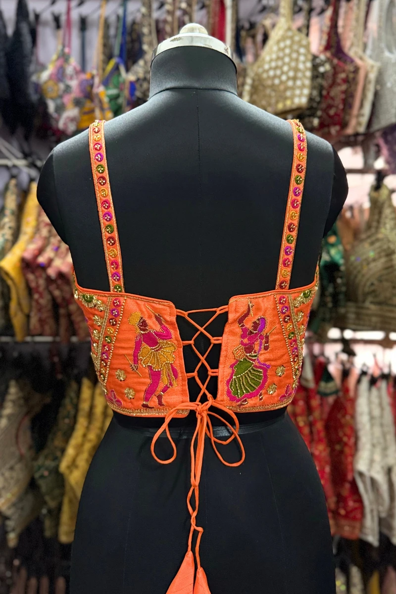 Orange Navratri Corset Garba Beads & Thread Work Blouse — view 2