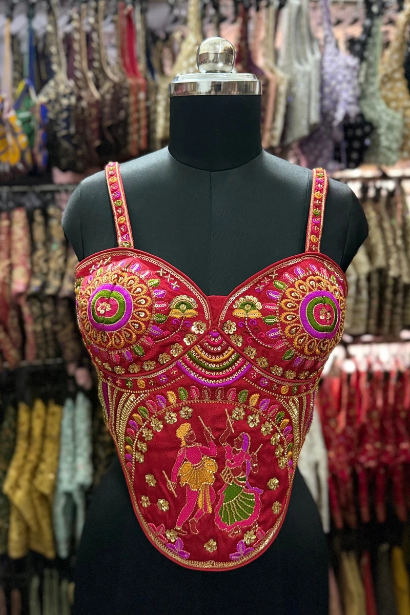 Red Navratri Corset Garba Beads & Thread Work Blouse